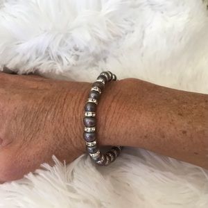 Freshwater Black Pearl With Crystal Elastic Bracelet- Perfect Gift